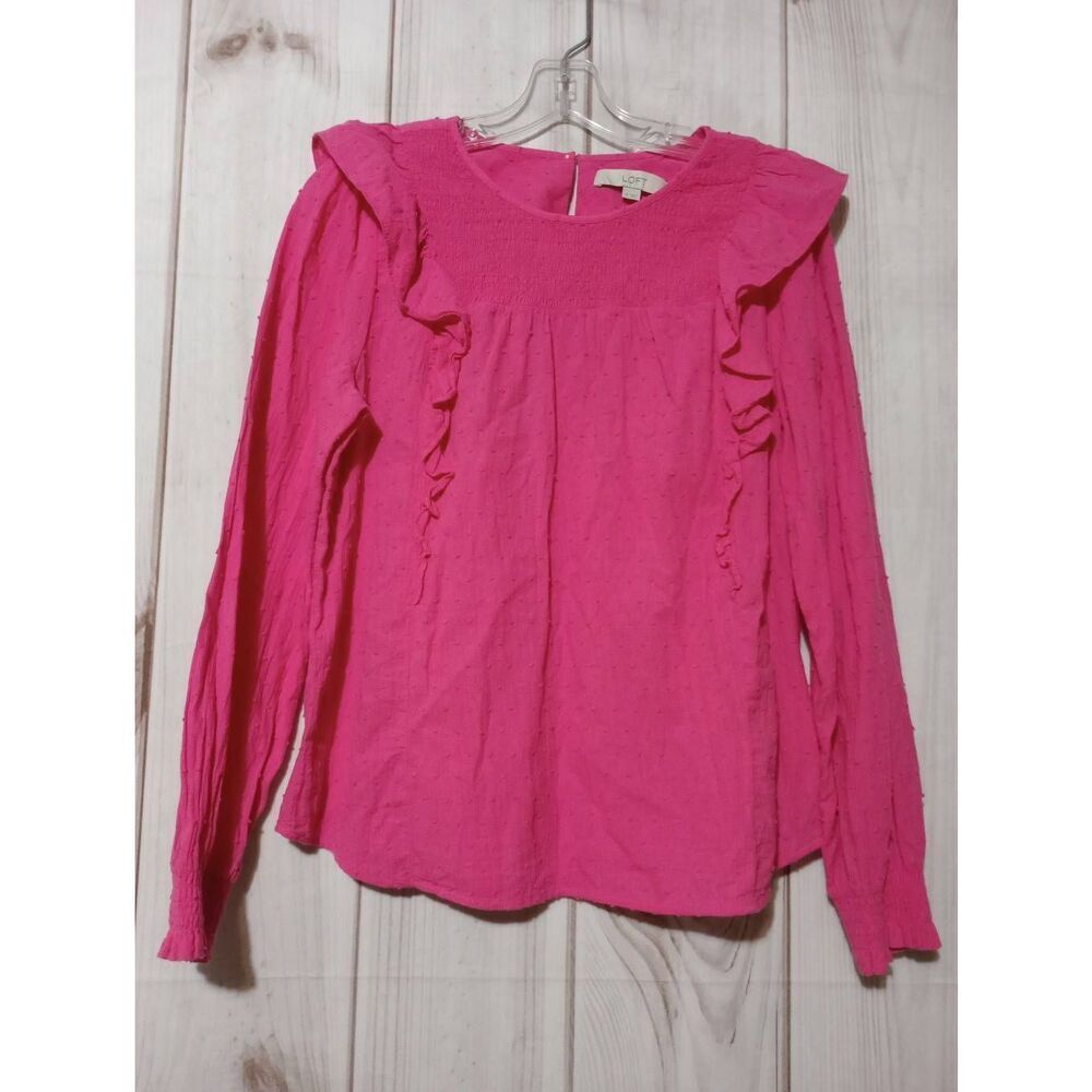 Loft Shirt‎ Ladies Medium Pink Ruffle Long Sleeve Light Weight Textured